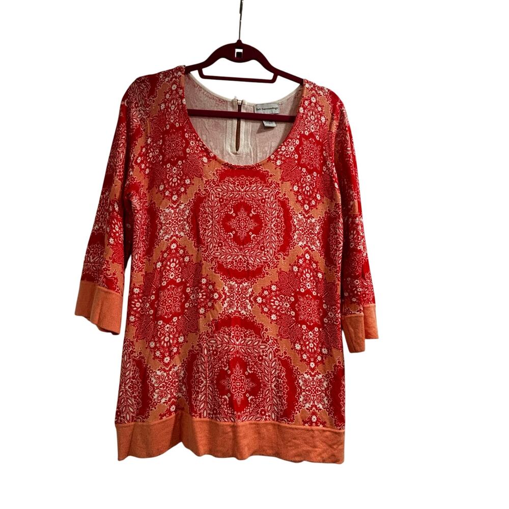 Soft Surroundings 3/4 sleeve knit top sweater M Petite orange peach white shirt